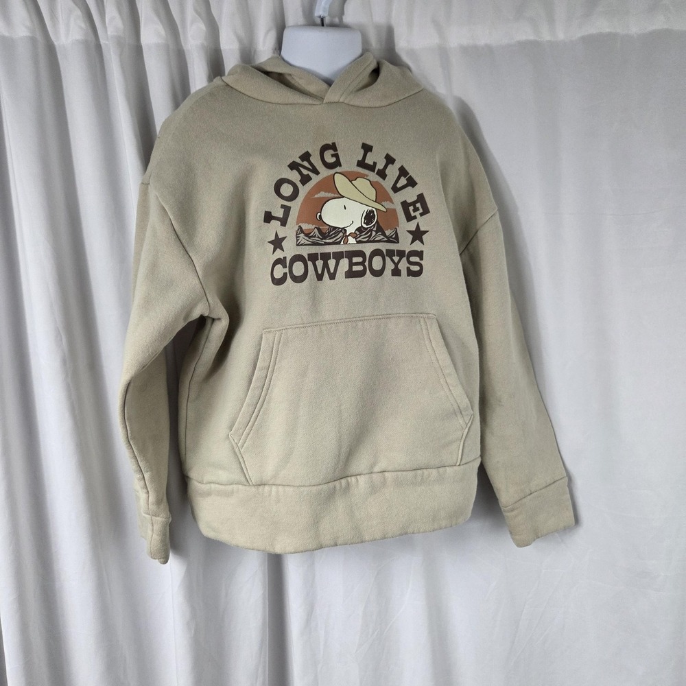Peanuts Hoodie Kids 8 Beige Long Live Cowboys Snoopy Graphic Fleece Pullover